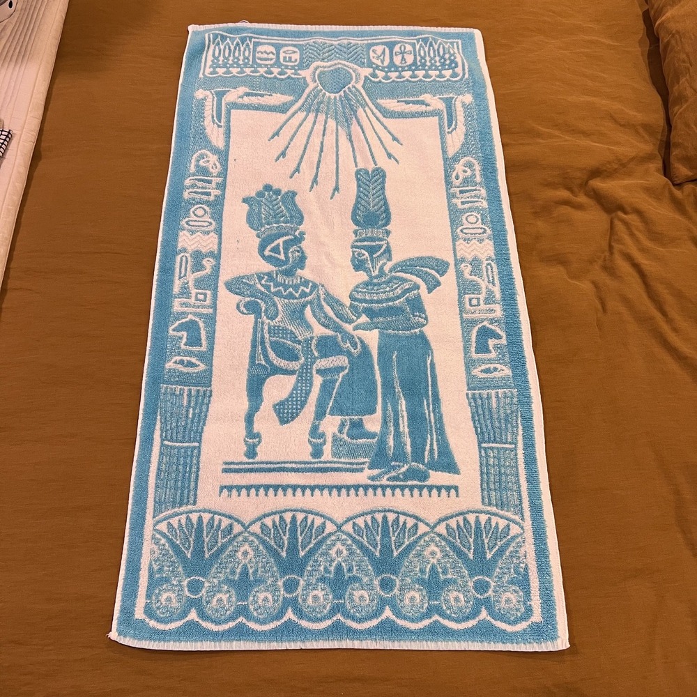 Vintage Egyptian Souvenir Towel Pharaoh Hieroglyphs Turquoise Collectible Decor